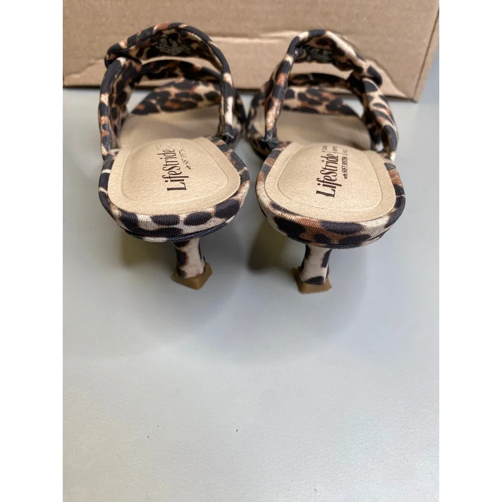 LifeStride Nori Womens Leopard Print Kitten Heel Sandals Mules Size 9M Brown